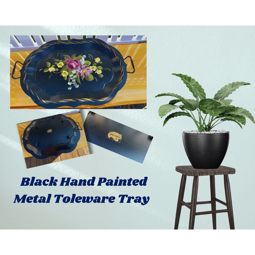Black Vintage Hand-Painted Footed Toleware Serving Tray, Floral, Made in USA